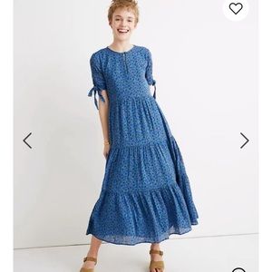 Madewell Tie-Sleeve Tiered Midi Dress in Calico Floral Blue